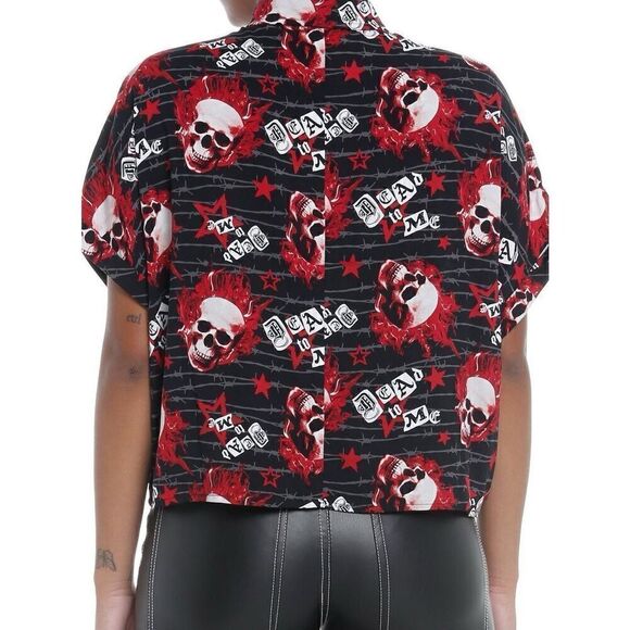 Social Collision Flaming Skulls Allover Print Girls Woven Button-Up (Med) - Picture 7 of 8